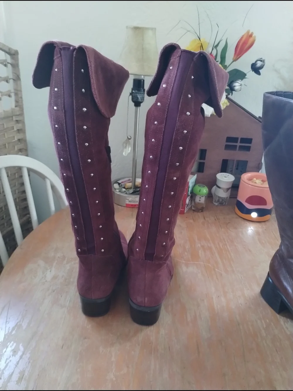 Women's Over-the-Knee Fold-Over Suede Boots in Burgundy